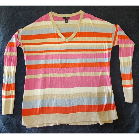 Y2K GAP Striped Yellow Pink Orange Vneck Sweater Large Stretch Cotton Blend - Picture 1 of 5